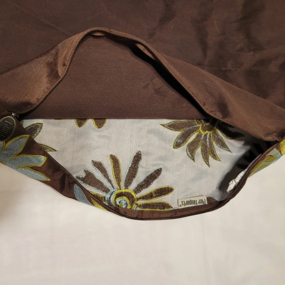 Pier 1 Brown Floral Accent Embroidered Pillow Case 17 1/2 X 17 1/2 inches
